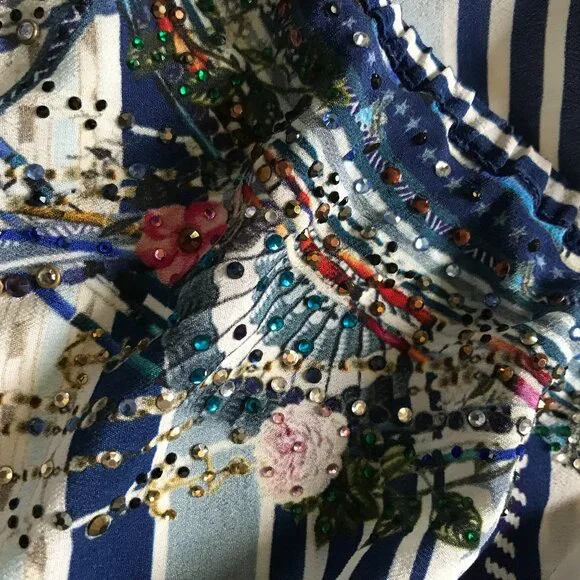 Camilla A-Line Frill Mini Dress Womens XS Blue Silk Floral Stripe Long Sleeve - Picture 8 of 14